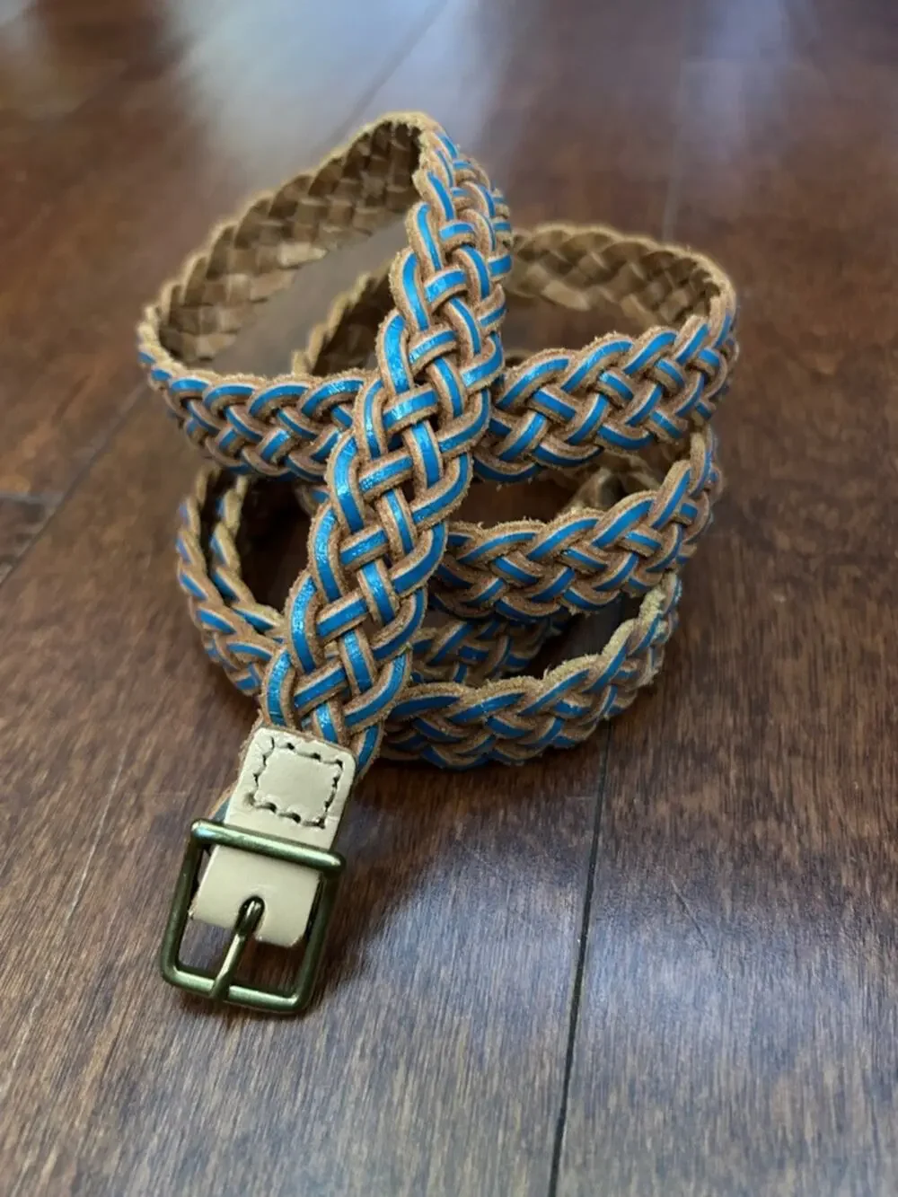 Skinny Braided Brown Leather Belt with Blue Trim, Size M/L
